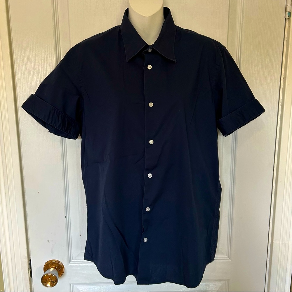 Cotton & Silk Classic Navy Short Sleeve Button Down Shirt L